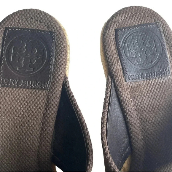 Tory Burch Chocolate Brown Crossover Kristen Espadrille Wedges/Gold Emblem sz 7 - Picture 6 of 8